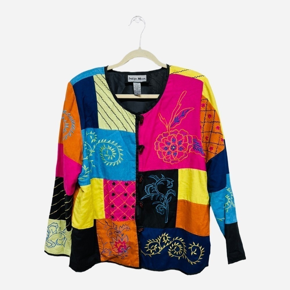 Indigo Rain Vintage Patchwork Bead Button Jacket Size Large Colorful Deco Art